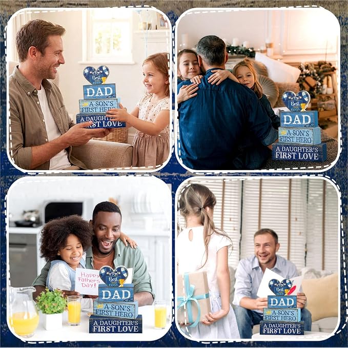 Lineshading 4 Pcs Fathers Day Table Decorations Wooden Blue Heart Trophy Decor - Image 5
