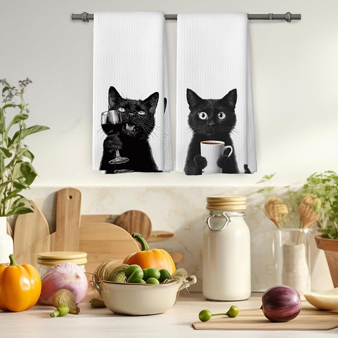 Funny Cat Kitchen Towels Set of 2, Chef Gift，Funny Kitchen Decor, Coffee - Image 4