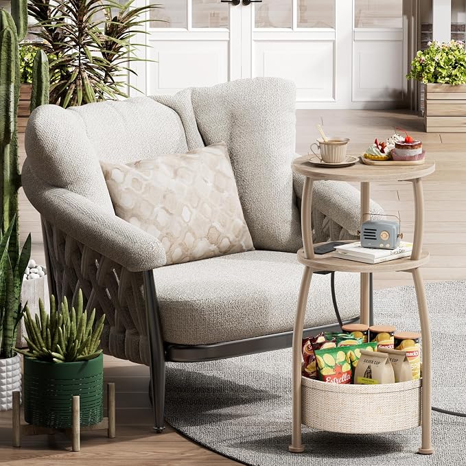 Side Table with Charging Station, Small Round End Table with Basket, USB and - Image 7