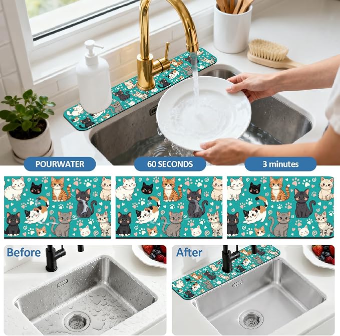 2 Pcs Kitchen Sink Splash Guard Faucet Mat Various Cats Pattern Faucet Mat - Image 5
