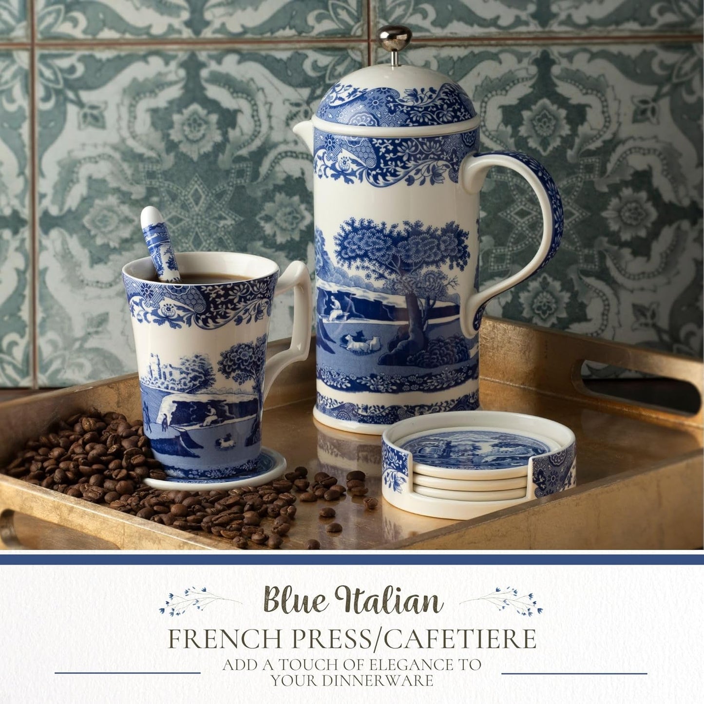 Spode Blue Italian French Press | 28-Ounce Capacity | Espresso, Coffee, and Tea Maker | Porcelain Cafetiere | Stainless Steel Plunger | Dishwasher Safe (Blue/White)