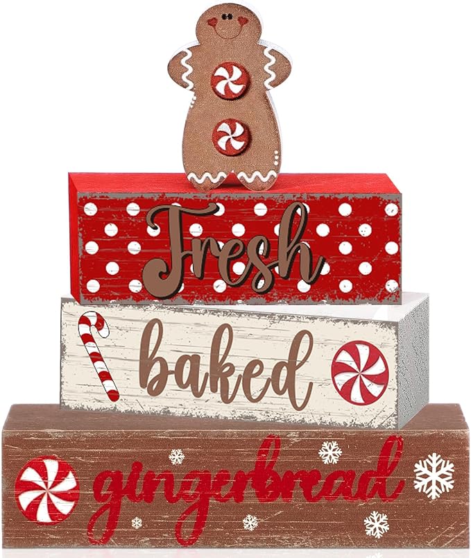 Geelin 4 Pcs Wooden Christmas Tabletop Decor Gingerbread Man Tiered Tray Decor by Geelin