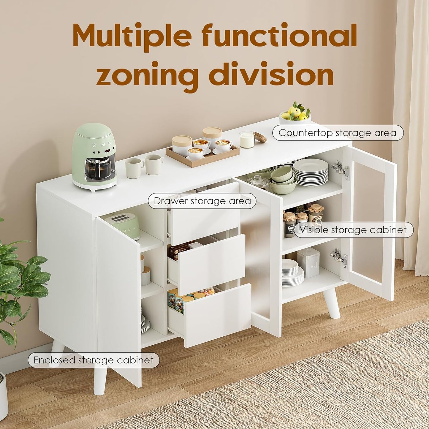 Soohow Farmhouse Buffet Cabinet, 55.5" Coffee Bar with 3 Drawers and Pop-Up Doors, Large Rustic Sideboard for Dining Room, Kitchen, Hallway, and Living Room