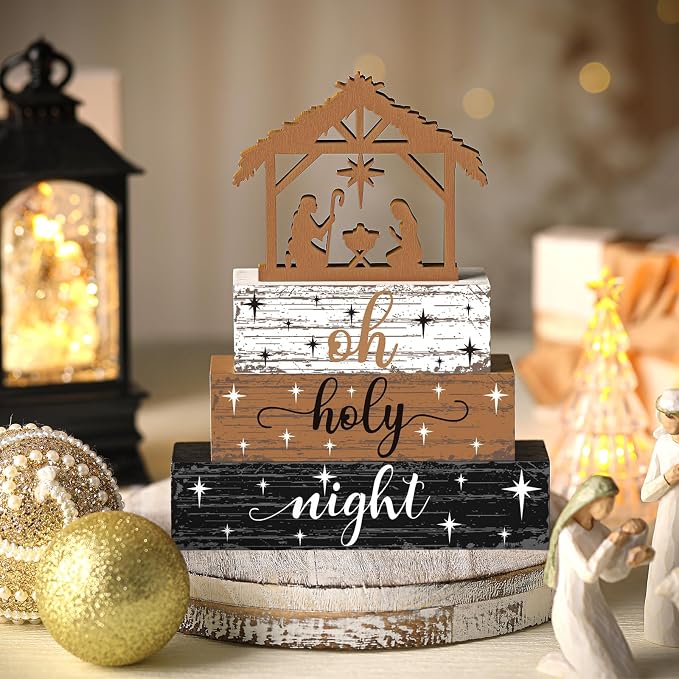 Geelin 4 Pieces Christmas Nativity Scene Table Decorations Xmas Wooden Silent - Image 2