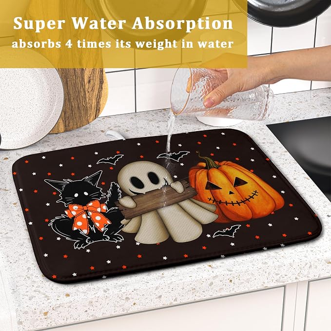 Giwawa 16"x18" Halloween Dish Drying Mat Spooky Pumpkin Ghost Black Cat Bats - Image 7