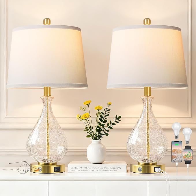 QiMH Glass Table Lamps for Living Room, Bedside Lamps Set of 2 by Qimh