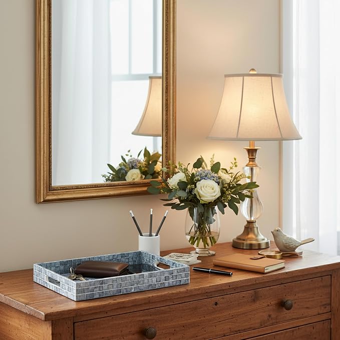 PEMAR Rectangular Mother of Pearl Serving Tray Nacre Wood Lap Ottoman Tray - Image 9
