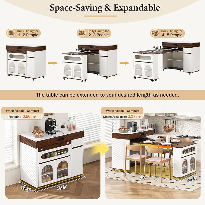 Rolling Kitchen Island with Extendable Dining Table & Power Outlet, 73.8’’ - Image 5