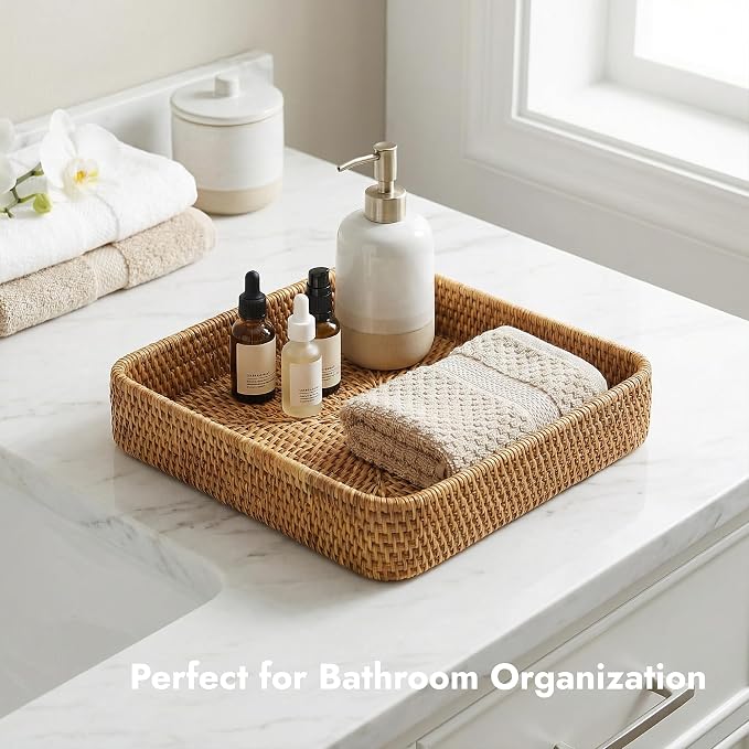 8.3" x 8.3" Wicker Tray, Woven Decorative Tray, Square Rattan Tray Bathroom - Image 3