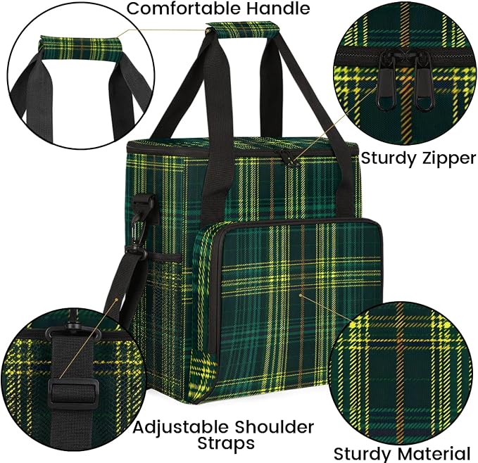 Green Plaid Coffee Maker Carring Bag, Large Insulated Storage Organizer Case - Image 6