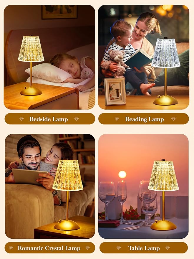 One Fire Nightstand Lamps Set of 2, Dimmable Crystal Table Lamp 3 Colors Gold - Image 5