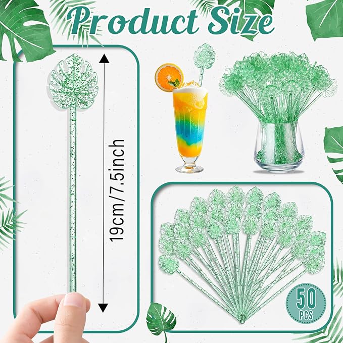 Reallnaive 50 Pcs Palm Leaf Cocktail Swizzle Sticks 7.5 Inch Green Glitter - Image 4