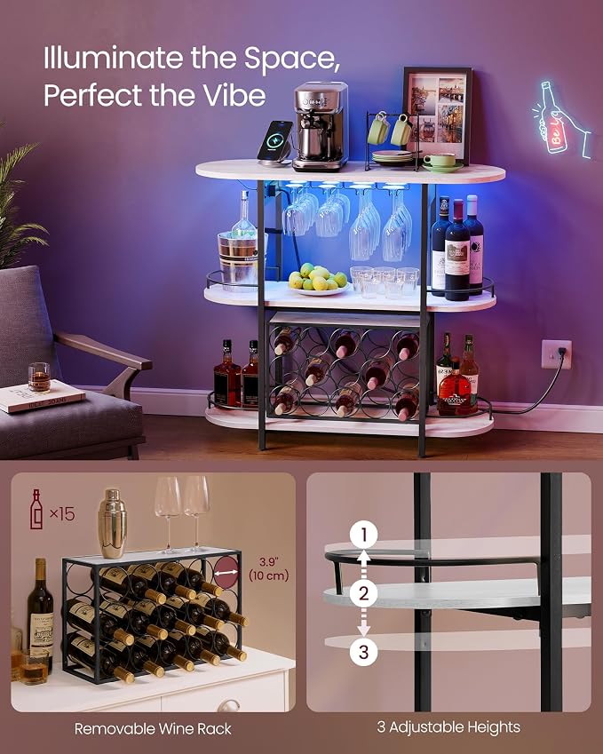 VASAGLE Bar Cabinet with LED Lights and Power Outlets, Freestanding Coffee Bar - Image 5