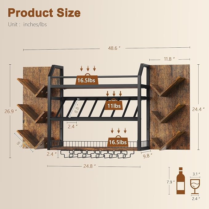 Hoctieon 48.6in Wall Mounted Wine Rack, 3 Tier Hanging Wine Racks - Image 3