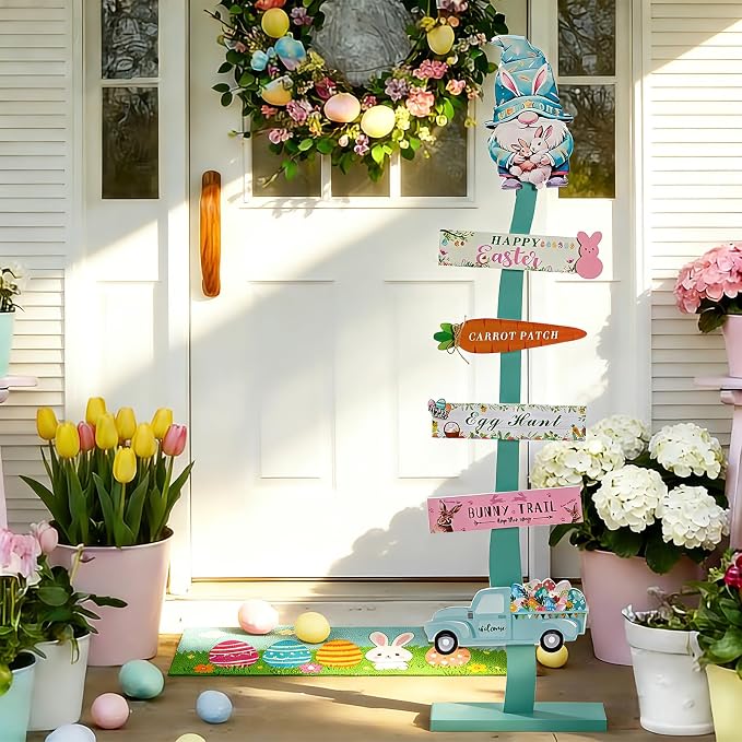 42.9inch Happy Easter Welcome Wooden Porch Sign| Spring Easter Carrot Rabbit - Image 3
