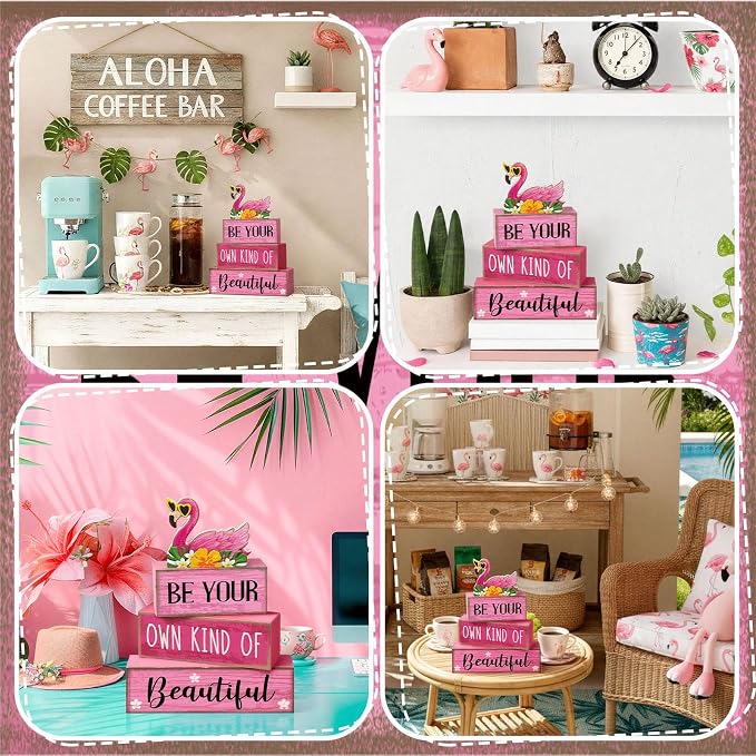 Lineshading 4 Pcs Summer Table Decor Wooden Pink Flamingo Tropical Tiered Tray - Image 4