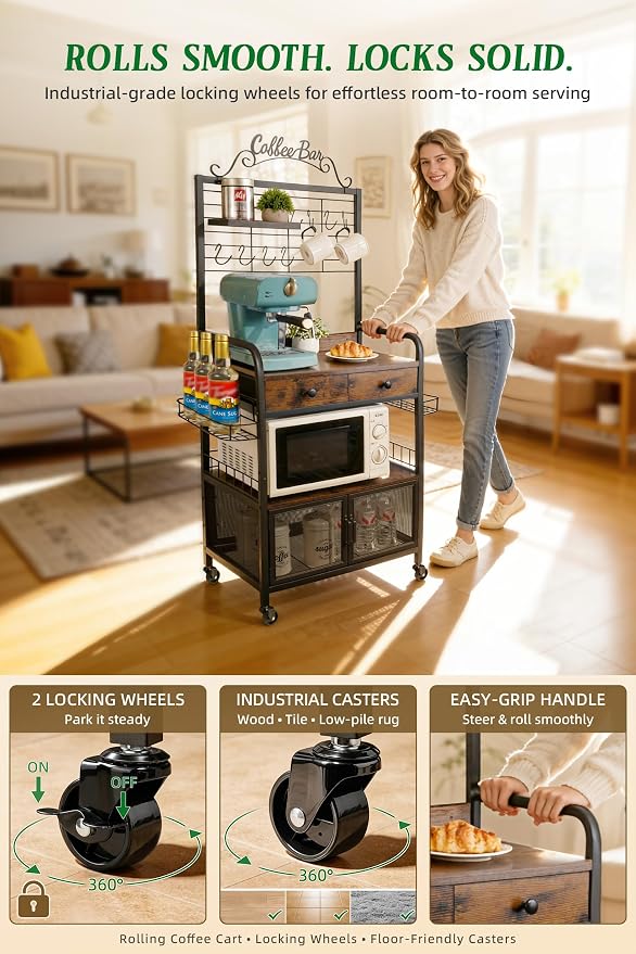 Rolling Coffee Bar Cart for Small Spaces, Coffee Station Cabinet - Image 7