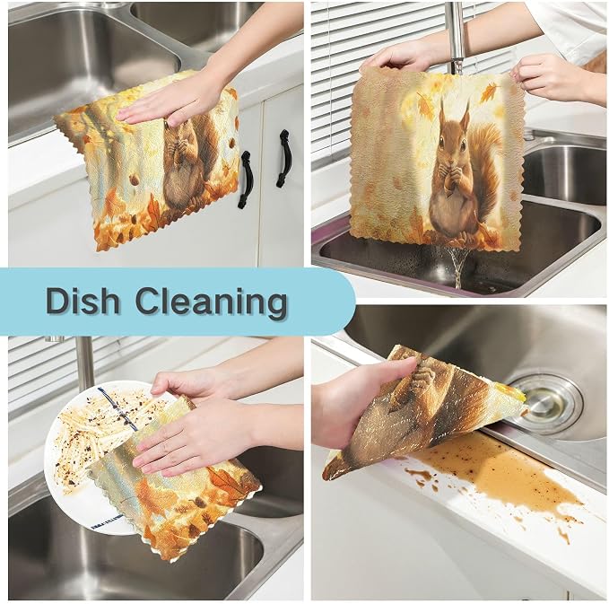 Kitchen Towels Cute Squirrel Autumn Leaves Tree Dish Towels Multipurpose - Image 2