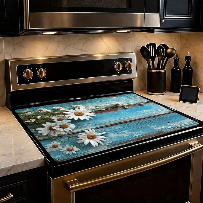 Daisy Stove Top Cover 28.3 x 20.5 Inches, Rustic Wood Glass Stove Protector by KKYEJLQYI