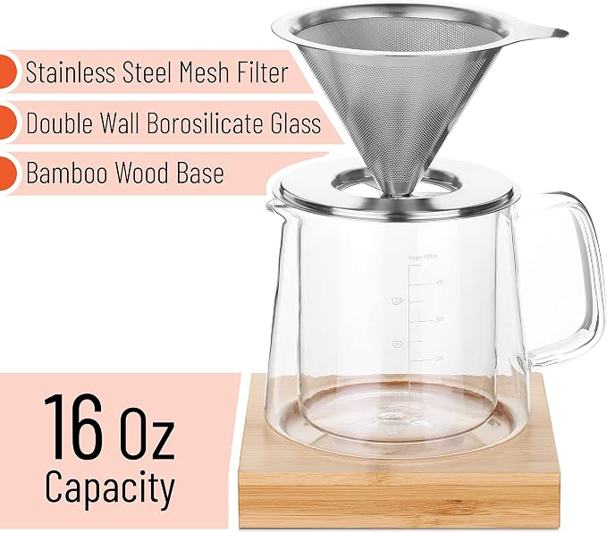 Brew To A Tea BTaT- Pour Over Coffee Maker Set, Double Wall Glass, 16 oz - Image 2