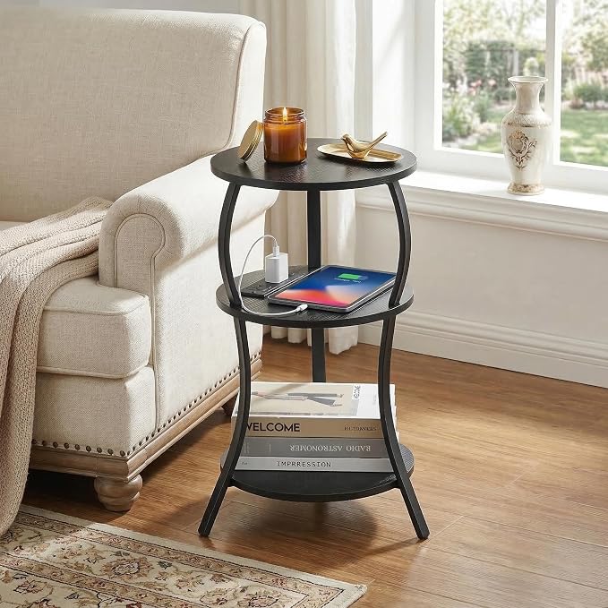 Small Round Side Table with Charging Station, 3-Tier Waist Circular End Table - Image 2