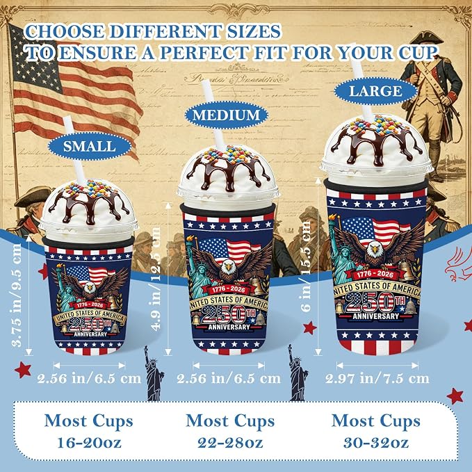 3 Pack Reusable Insulated Neoprene Iced Coffee Cup Sleeve 250th Anniversary USA - Image 3
