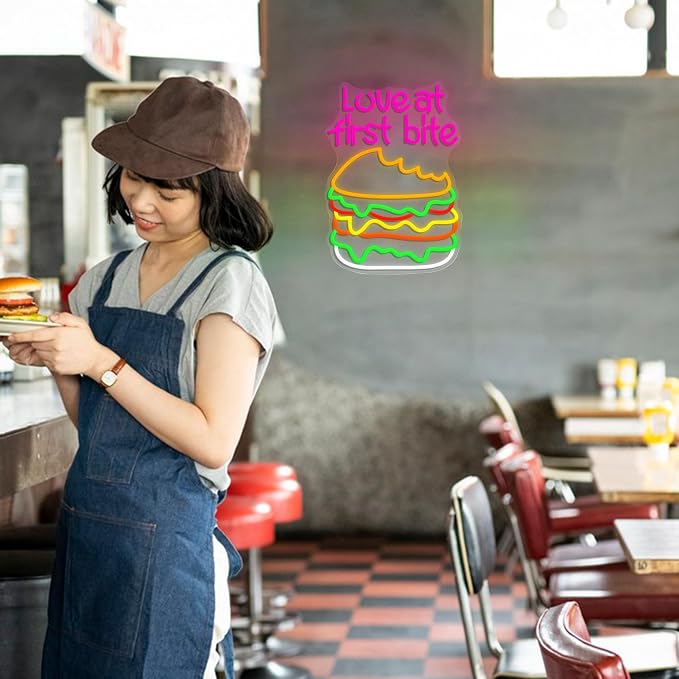 Love At First Bite Neon Sign Burger LED Neon Light Dimmable Hamburger Food - Image 5