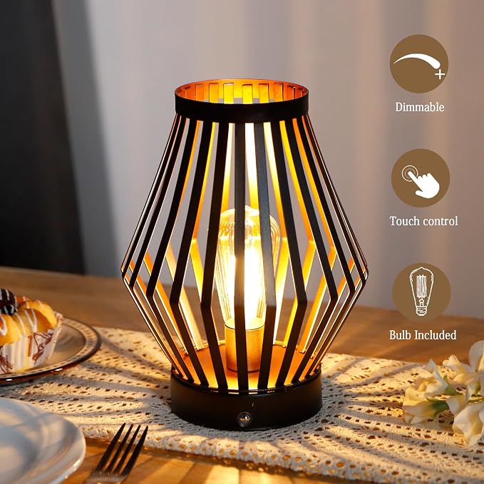 JHY DESIGN Set of 2 Dimmable Bedside Table Lamp 8.5''H Rechargeable Metal Cage - Image 3