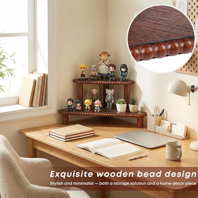 2-Tier Rustic Corner Shelf for Kitchen Counter, Wood Beaded Farmhouse - Image 7
