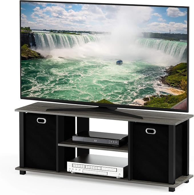 FURINNO Econ Entertainment Center, French Oak Grey/Black/Black by Furinno-FitsYourSpaceFitsYourBudget