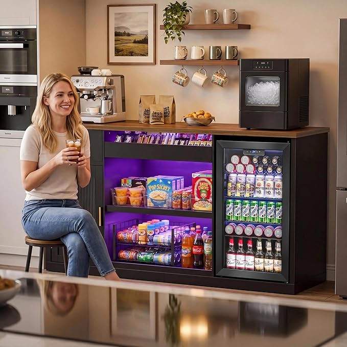 GDLF Snack Bar Cabinet with Fridge Space, 70.1" Snack Organizer with Storage - Image 5