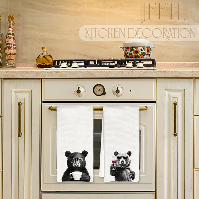 Funny Bear Kitchen Towels Set of 2, Funny Kitchen Decor, Coffee Station Wine - Image 3