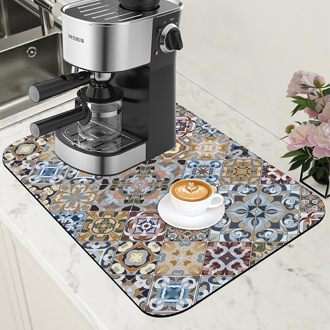 Retro Colorful Tiles Dish Drying Mat by Unknown
