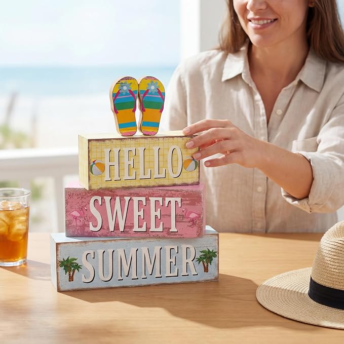 Geelin 4 Pcs Summer Flip Flop Wooden Table Decorations Hello Summer Centerpiece - Image 5