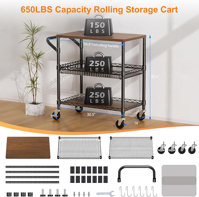 NTE Rolling Kitchen Carts on Wheels, 650Lbs Capacity 3 Tier Utility Cart - Image 3