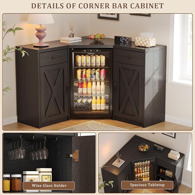 Coffee Bar Cabinet with Fridge Space, Corner Bar Cabinet with Fridge Space - Image 3