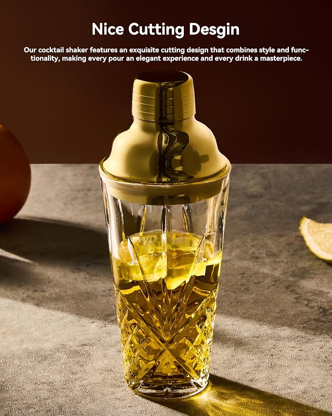 15oz Gold Lid Crystal Cocktail Shaker, Lead-Free Glass - Image 2