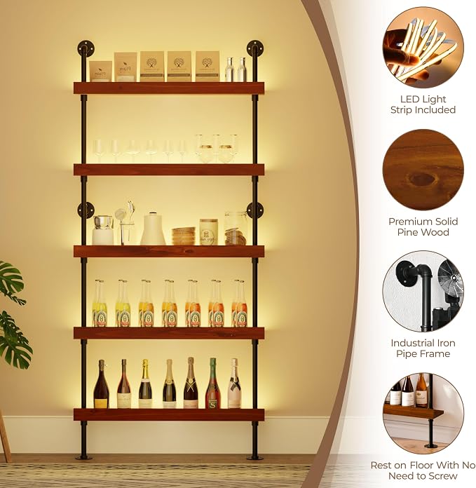 Wall Mounted Wine Rack with LED Light, LED Industrial Pipe Liquor Bar Shelves - Image 2