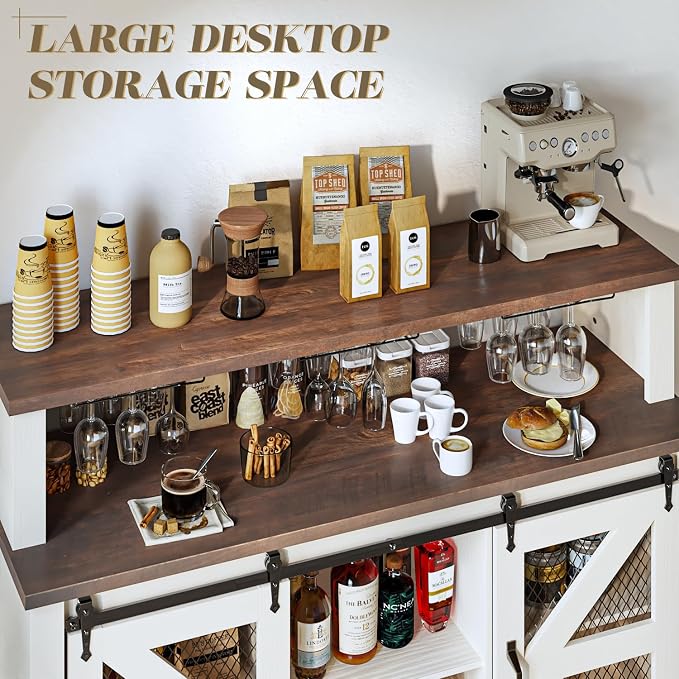55" Coffee Bar Cabinet with LED Lights, Farmhouse Wine Bar Cabinet - Image 6