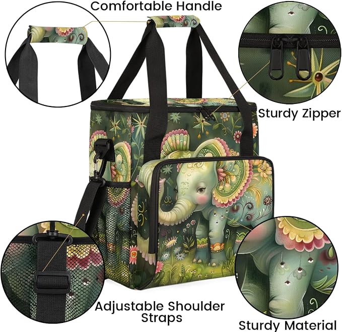 Green Elephant Boho Coffee Maker Carring Bag, Large Insulated Storage Organizer - Image 6