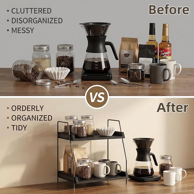 2-Tier Coffee Bar Organizer, Rustic Industrial Coffee Station Storage Rack - Image 5