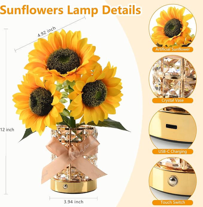 Handmade Sunflower Lamp, Rechargeable Cordless Touch Table Lamp, 3-Colour - Image 2
