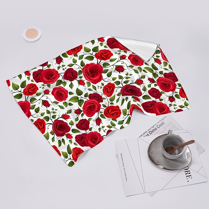 Red Rose Kitchen Dish Towel Set of 2, Soft Absorbent Hand Drying Baking Cooking - Image 6