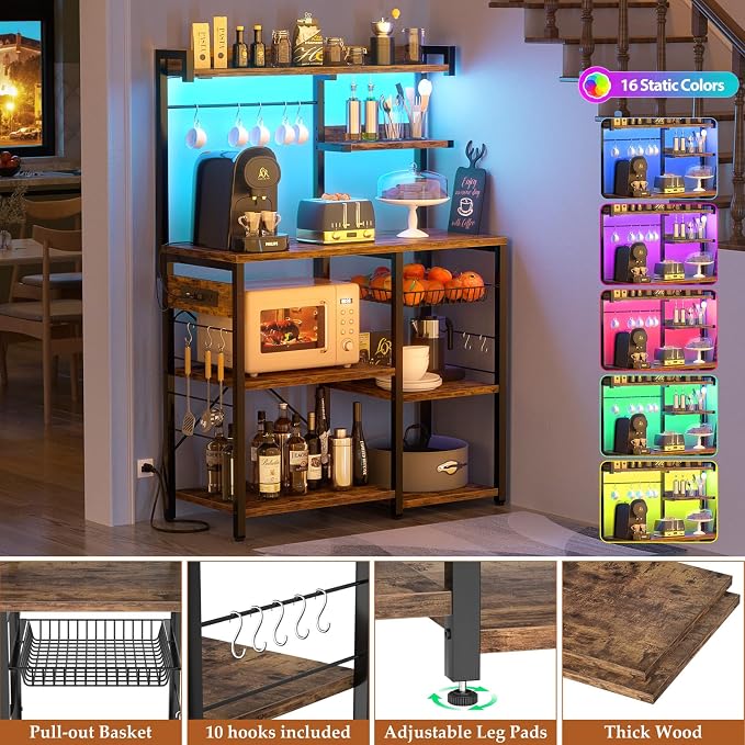 Aheaplus Bakers Rack with Power Outlet and LED light strings, Microwave Oven - Image 5