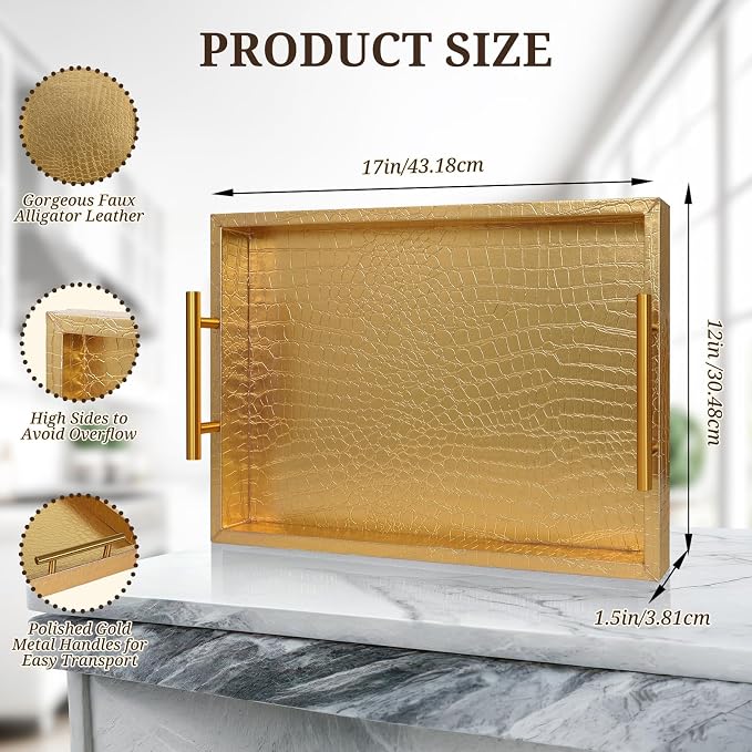 SXNOWS 17"x12" Gold Faux Leather Serving Tray - Image 3