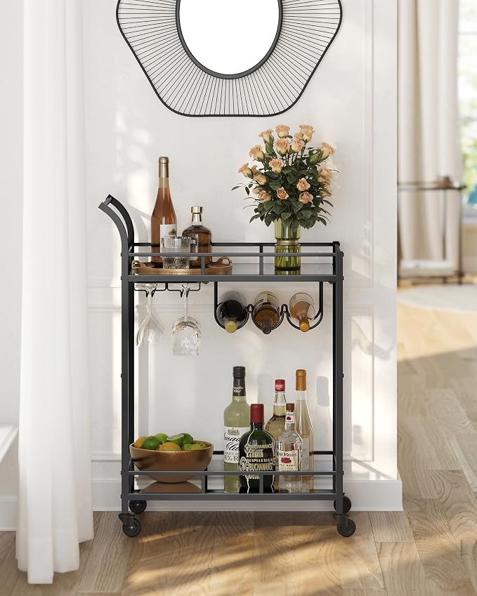 VASAGLE Bar Cart Black, Home Bar Serving Cart, Wine Cart - Image 3