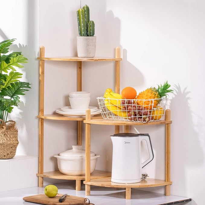 3-Tier Expandable Bamboo Corner Shelf Stand, Corner Bookshelf, Display Storage - Image 4