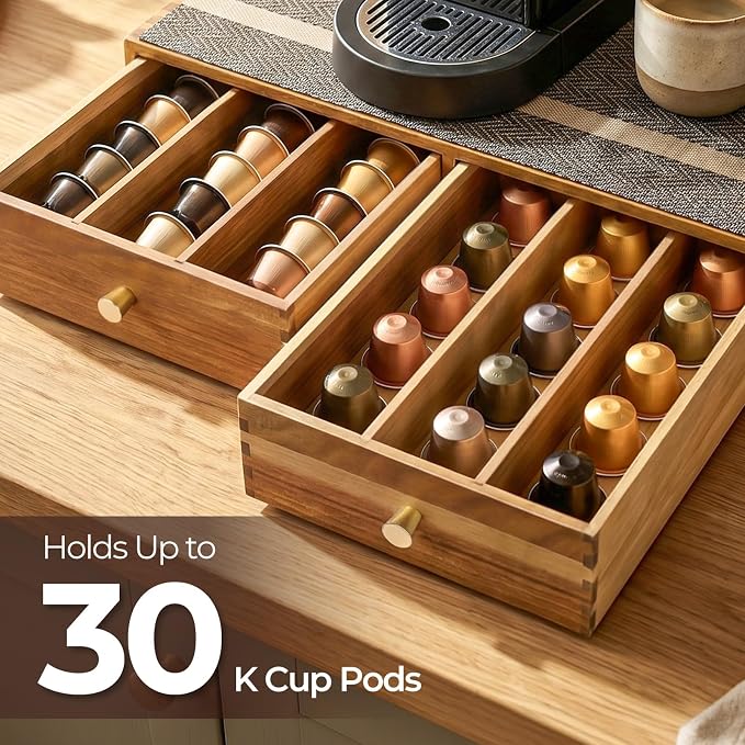 K Cup Organizer Drawer, Acacia Wood Coffee Pod and Tea Bag Storage Box - Image 4