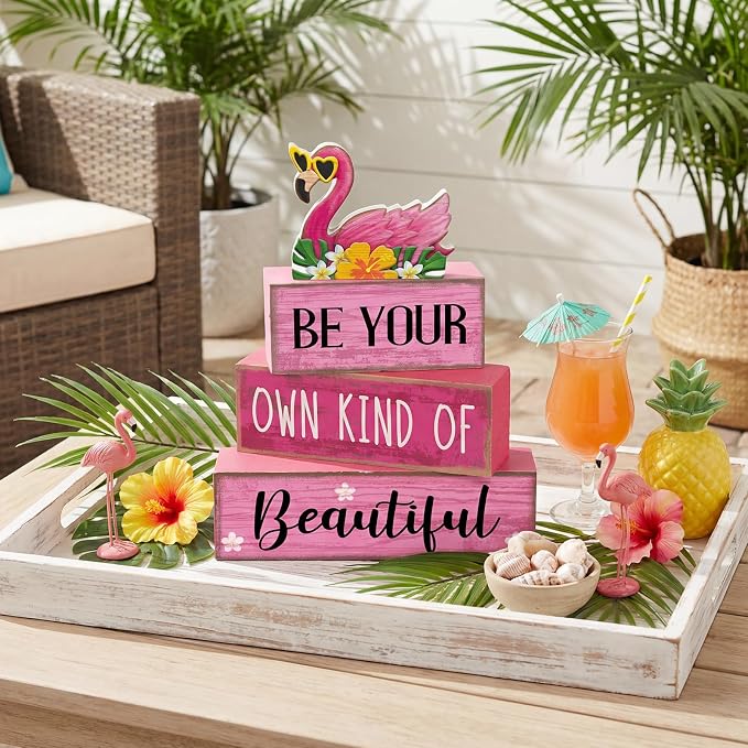 Lineshading 4 Pcs Summer Table Decor Wooden Pink Flamingo Tropical Tiered Tray - Image 2
