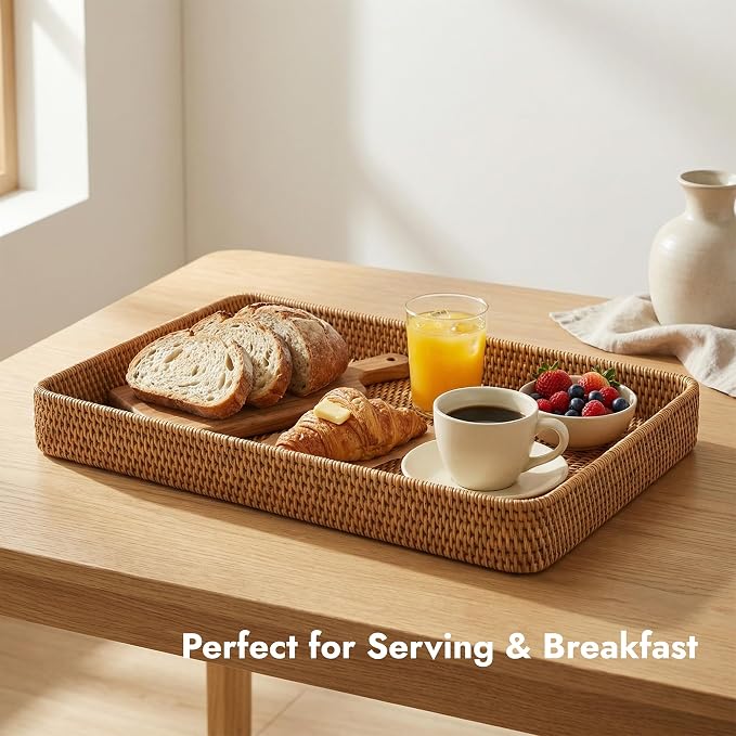 14.6" x 9.1" Large Wicker Storage Tray, Natural Rattan Basket Decorative - Image 3